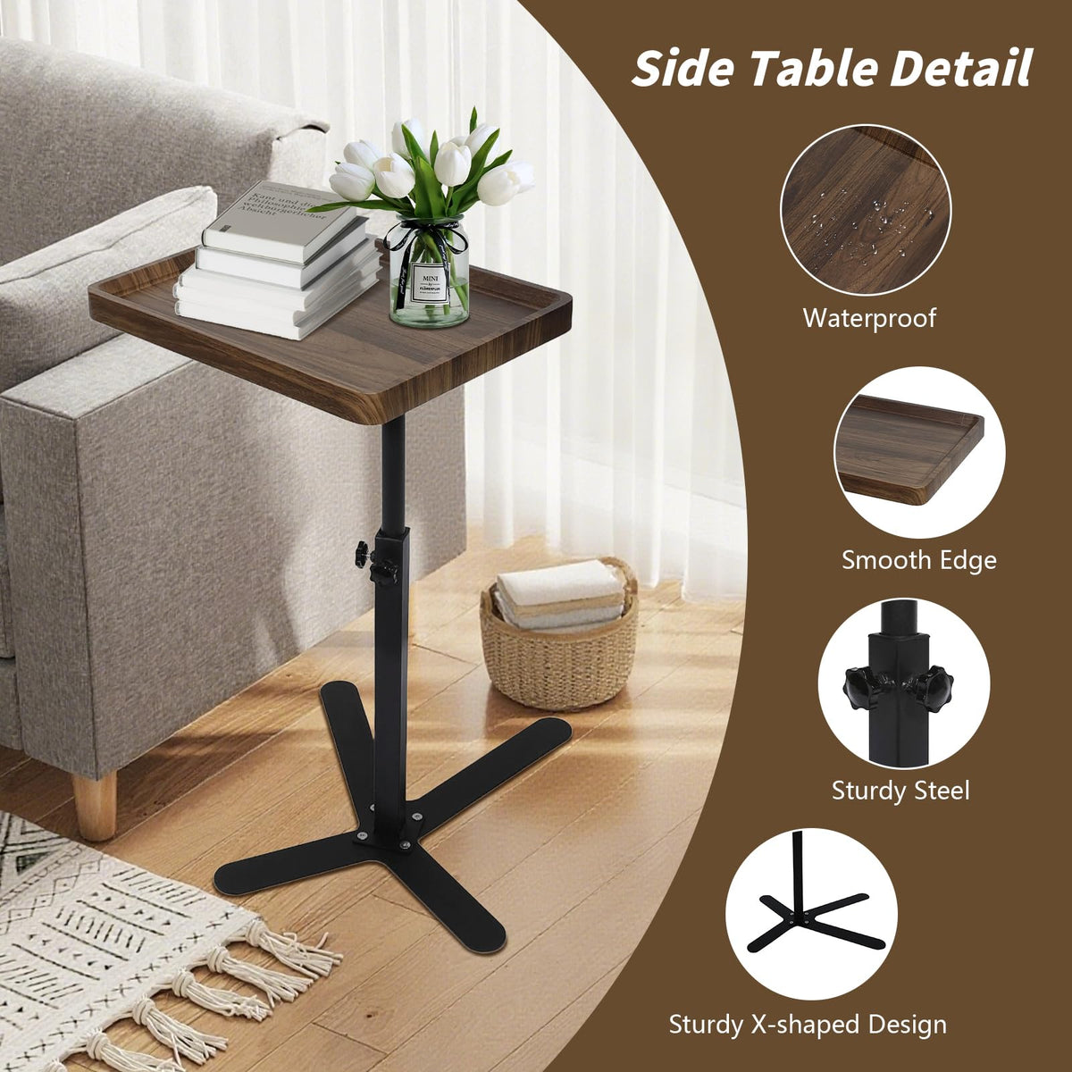XUDREZ Adjustable X Shaped Side Table with360° Swivel Tabletop, End Table for Living Room Bedroom Sofa Bathtub Bedside Nursing