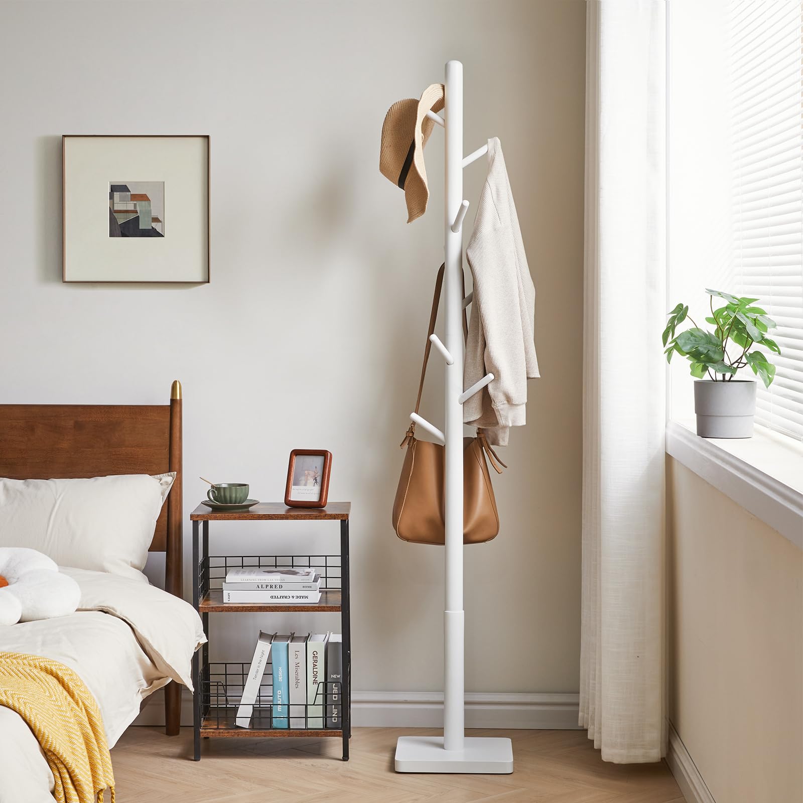 YMYNY Wooden Coat Rack Stand – 8 Hooks Height Adjustable Hall Tree