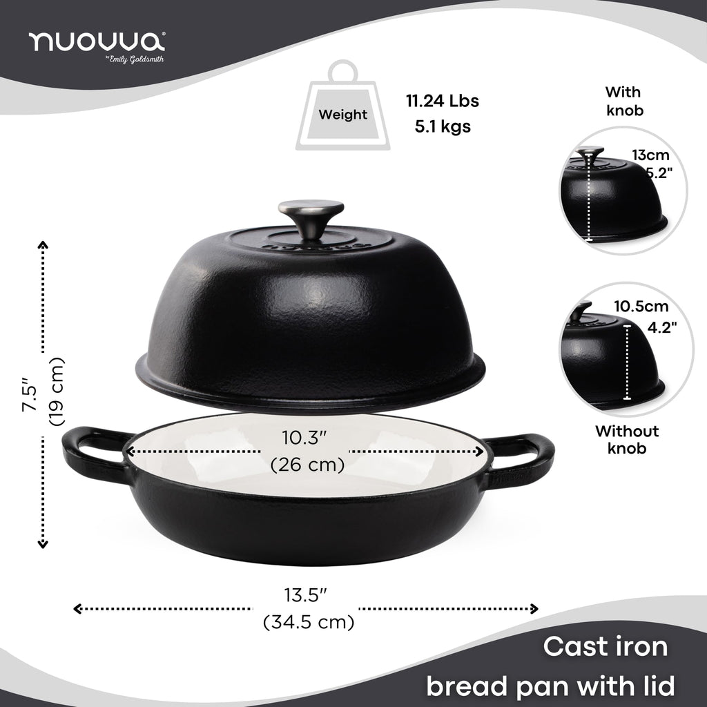 Nuovva Enamelled Cast Iron Dutch Oven - 6 Quart Bread Pot, Black