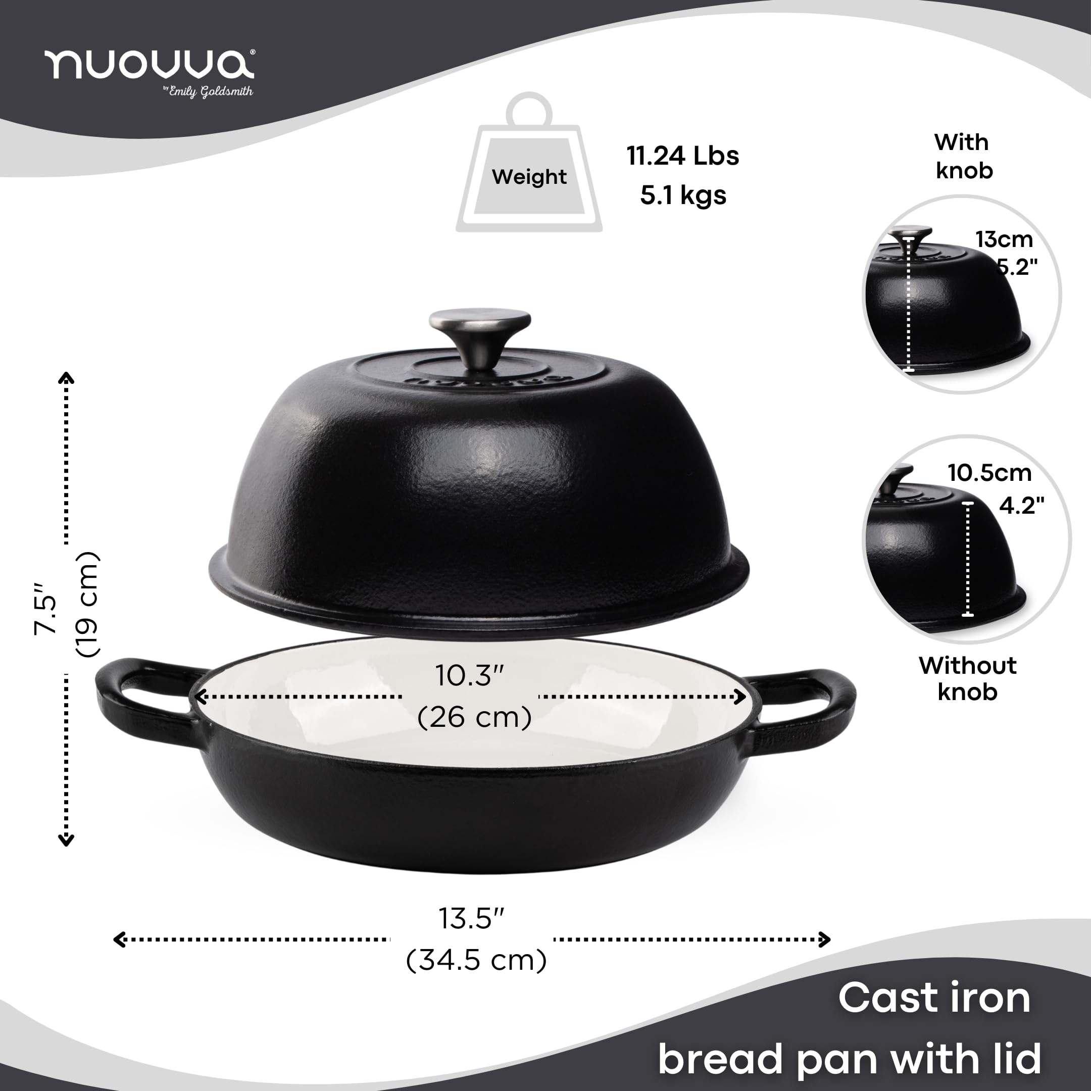Nuovva Enamelled Cast Iron Dutch Oven - 6 Quart Bread Pot, Black