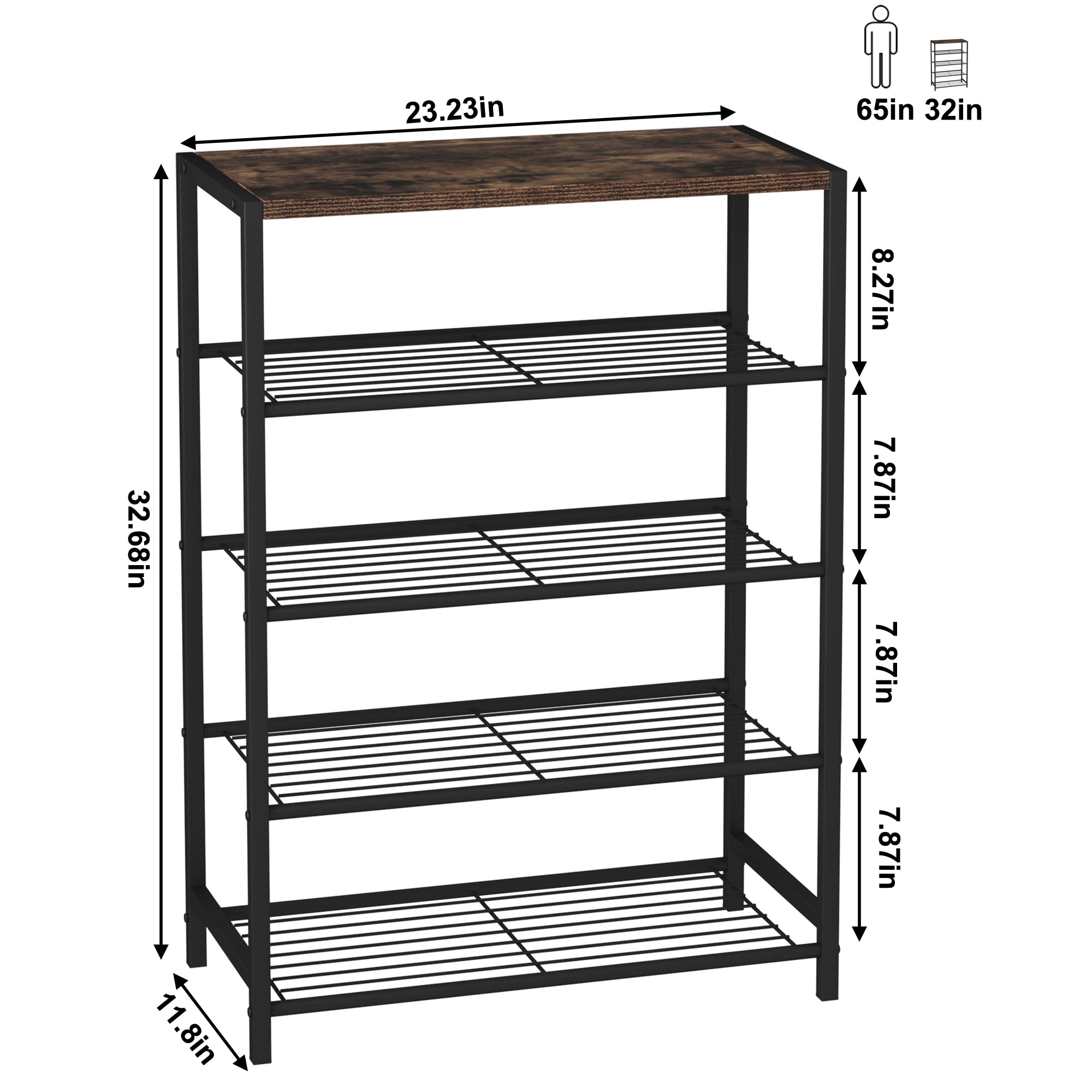 HOME BI 5-Tier Industrial Shoe Rack | Metal Storage Organizer with MDF Top