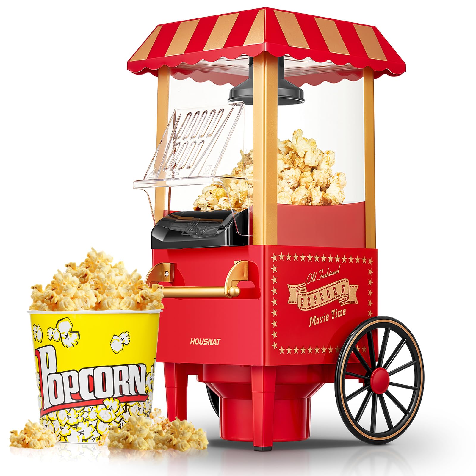 HOUSNAT Hot Air Popcorn Maker – 1200W 3.5L Fat-Free Popcorn Machine, Red