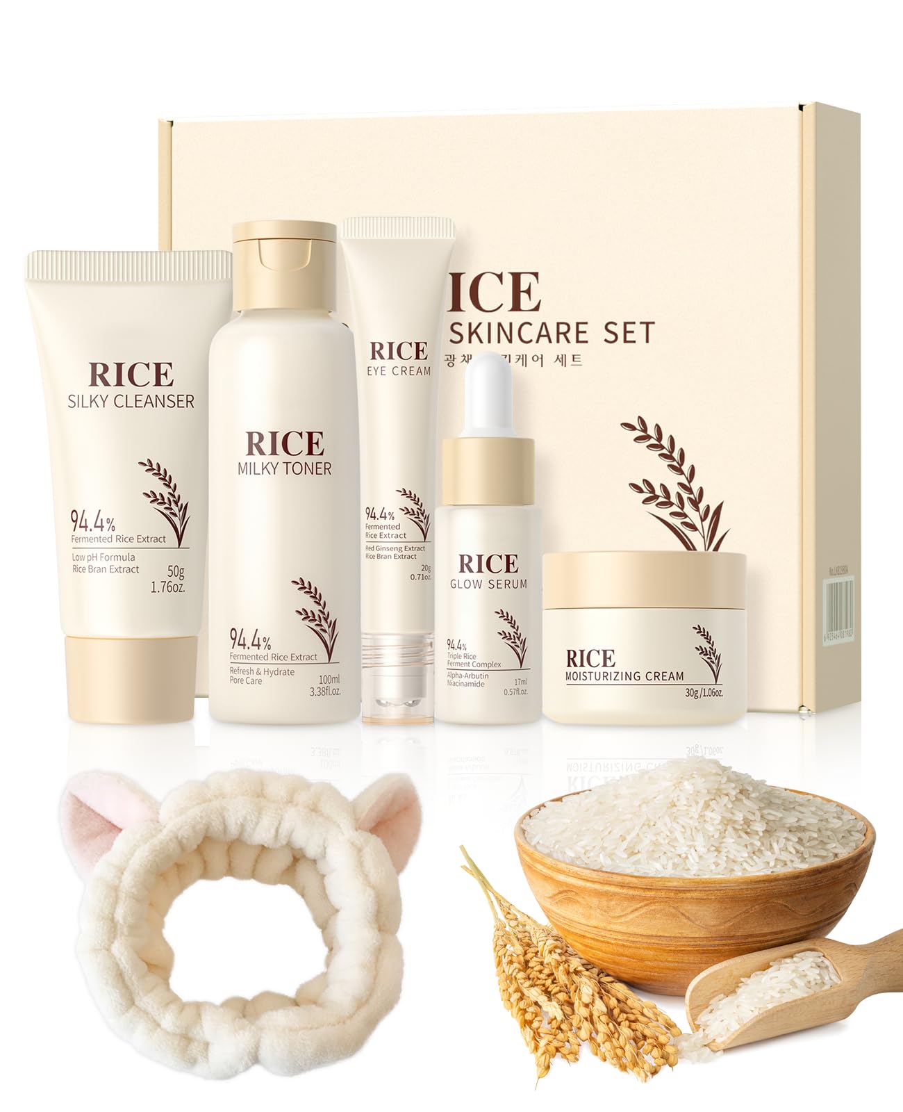 Hommova Korean Rice Skincare Set - 5-Piece Hydrating Glow Kit with Headband