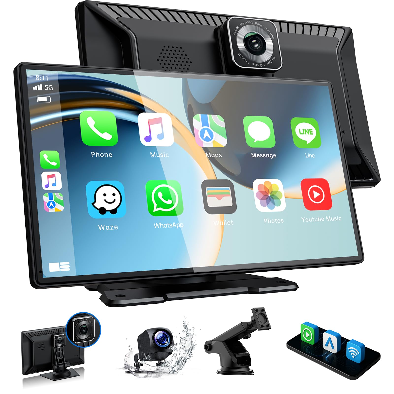 Volam 9 Inch Carplay Screen with 2.5K Dashcam and GPS Navigation