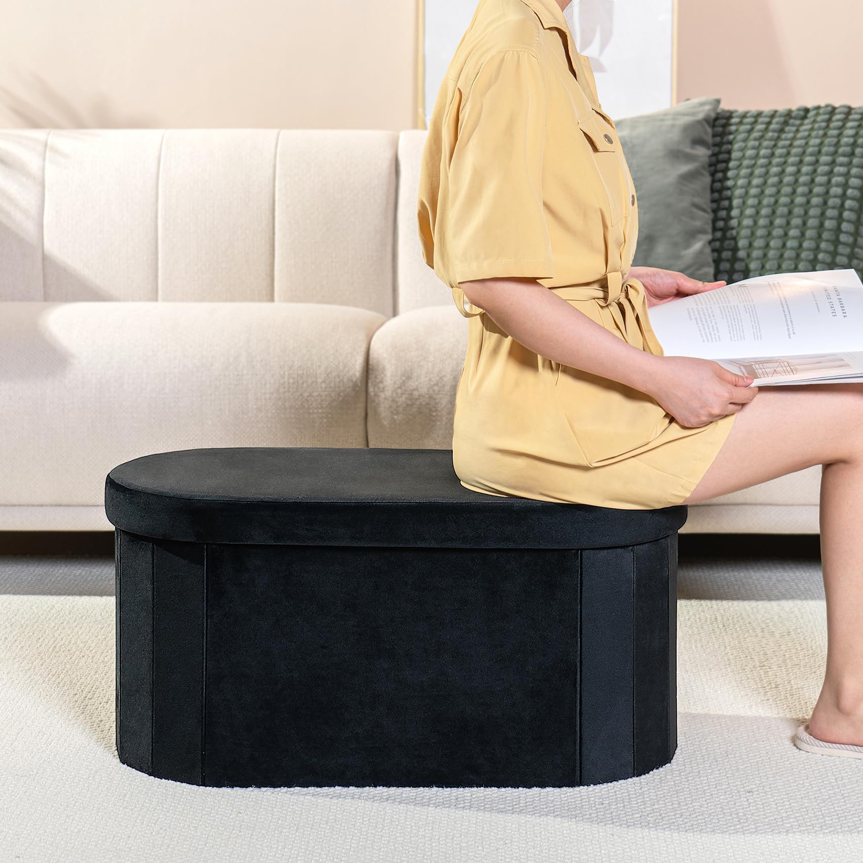 Bonlife Black Velvet Storage Ottoman Bench – Foldable Oval Toy Box