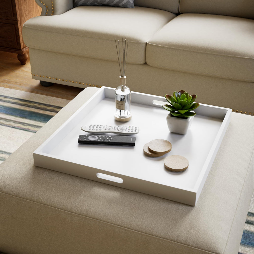 Hanobe 20" Square Ottoman Tray | Large White Wood Serving Tray with Handles