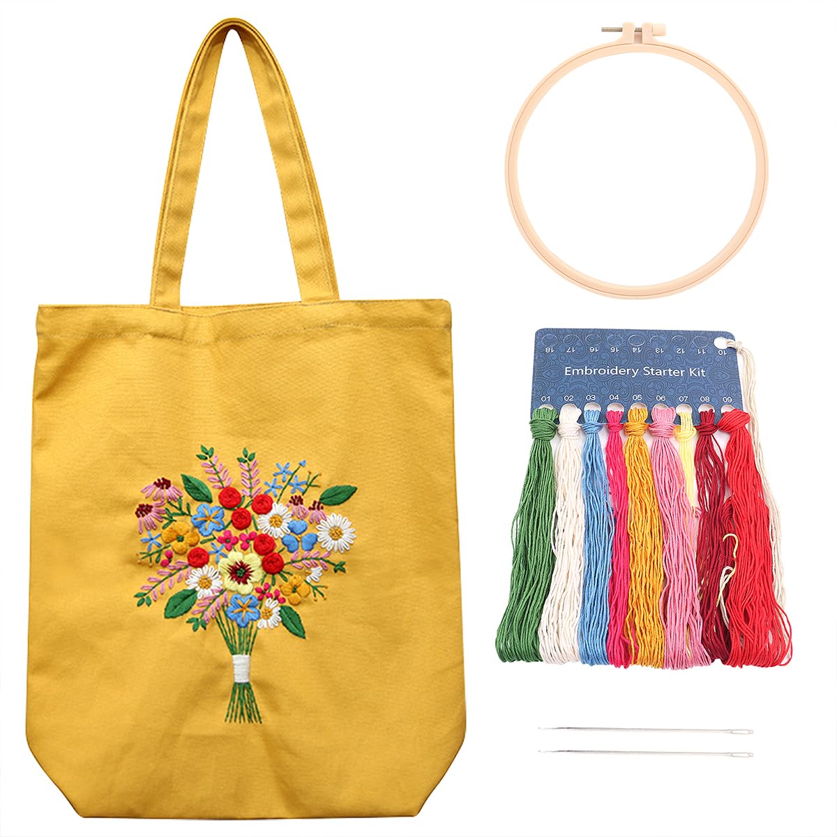 Floral Canvas Tote Bag Embroidery Kit for Beginners – Yellow