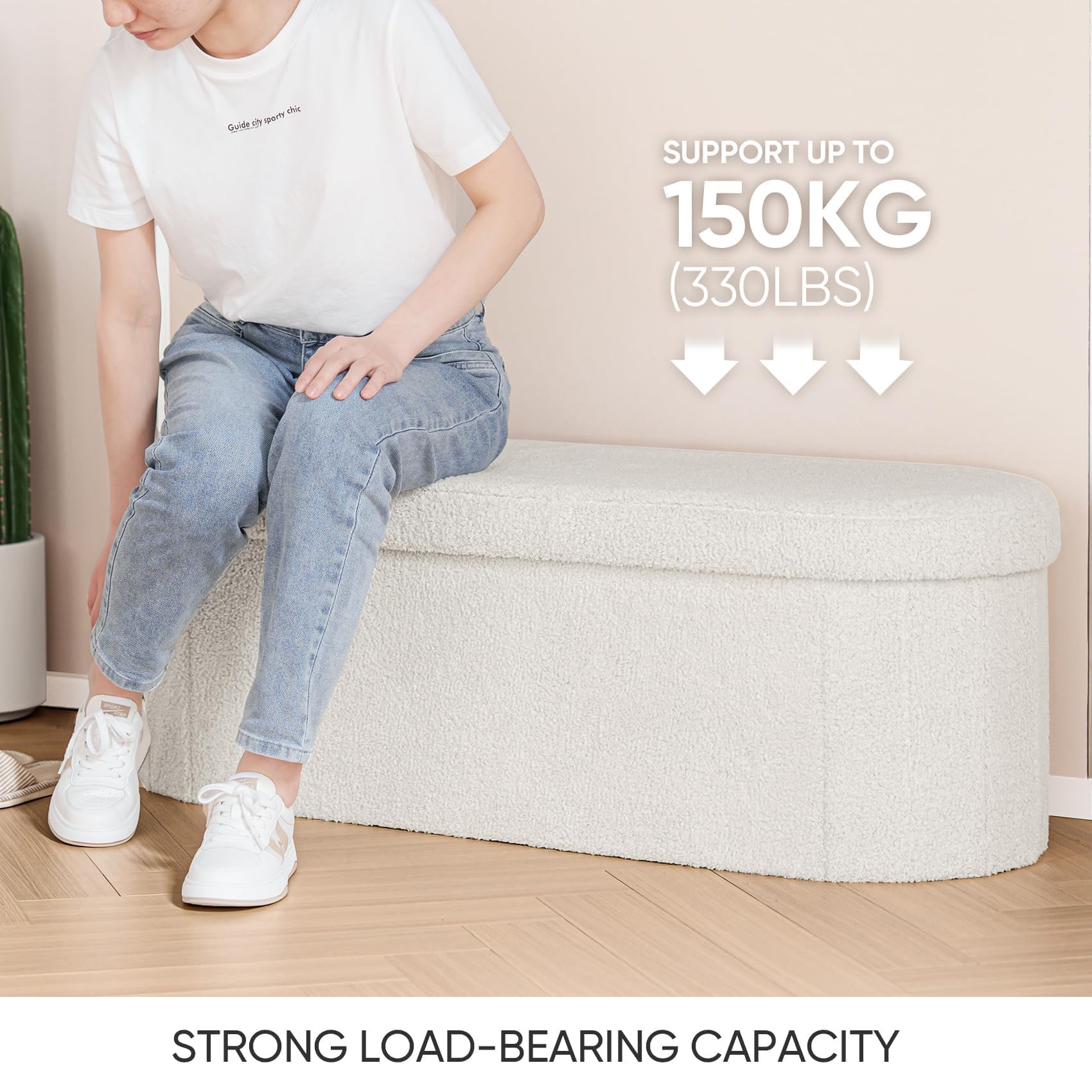 Bonlife Oval Boucle Folding Ottoman Storage Bench | 120L White Footstool