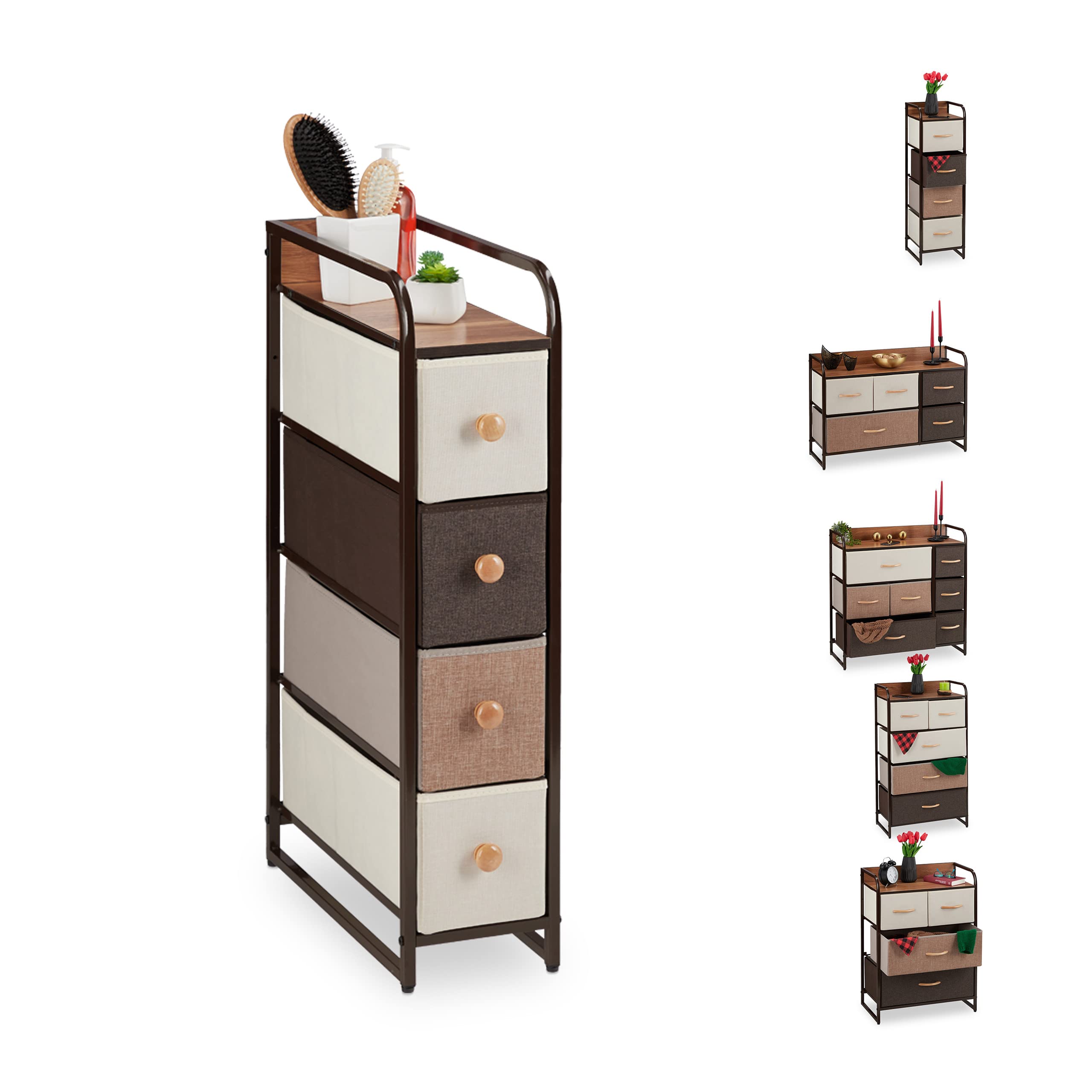 Relaxdays 4-Drawer Fabric Dresser | Slim Storage Chest with Shelf, Brown