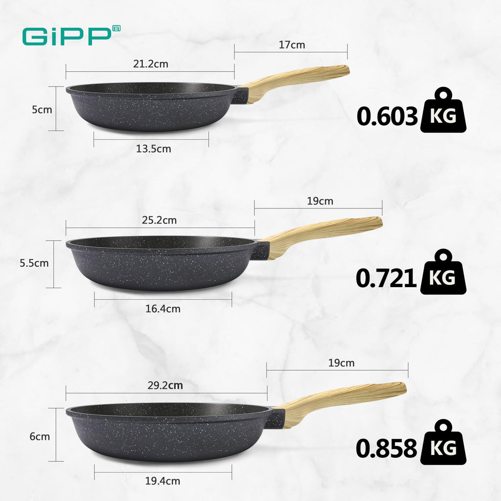 GiPP Non Stick Frying Pan Set – 3 Piece Grey Granite Induction Skillets