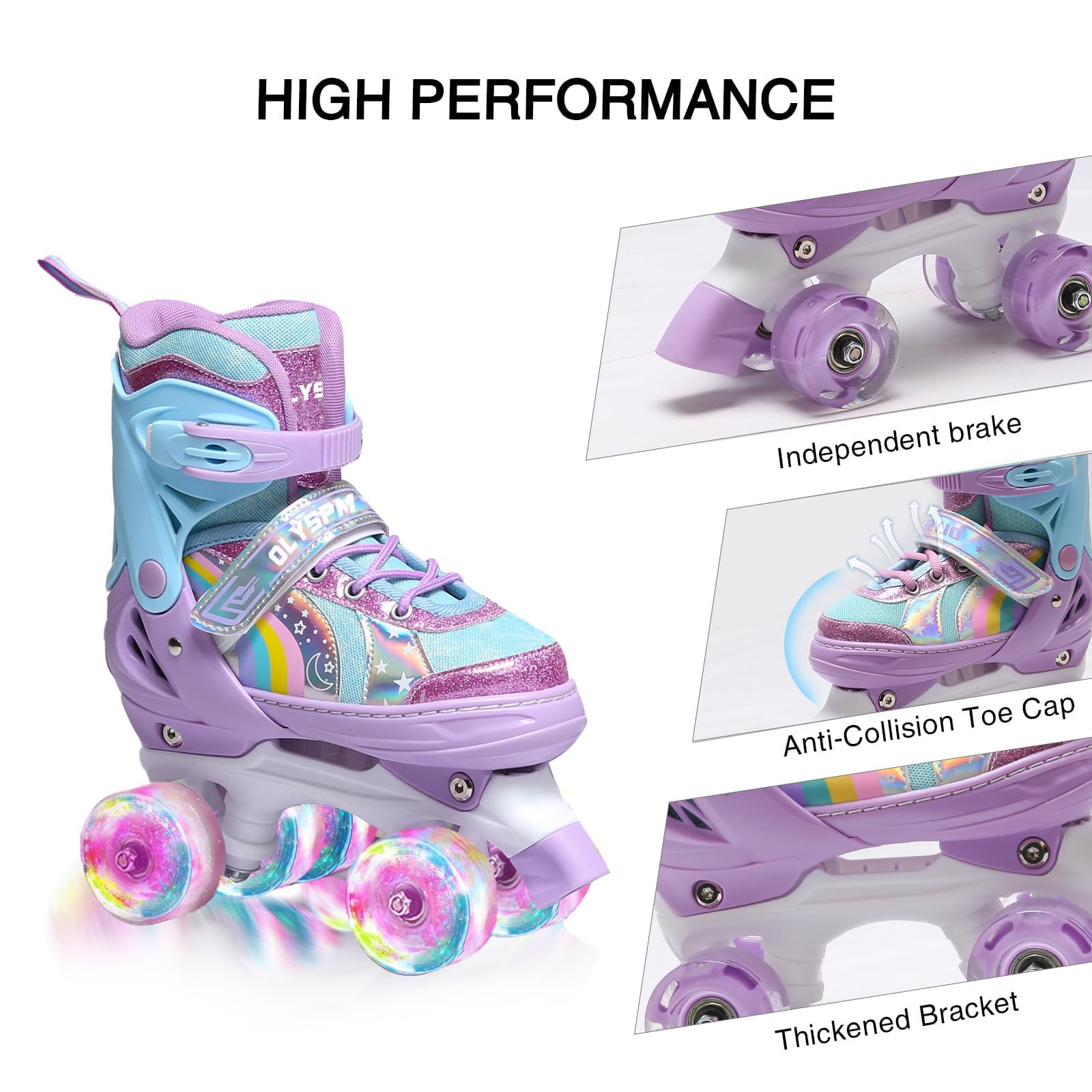 OLYSPM Kids Roller Skates – Adjustable Quad Skates with 8 Light Up Wheels