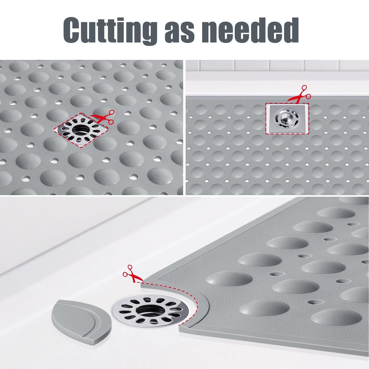 Non Slip Extra Large Shower Mat, 60 x 90 cm Anti Mould Long Bath Mat TPE Shower Mats for Inside with Drain Holes and Suction Cups Gray