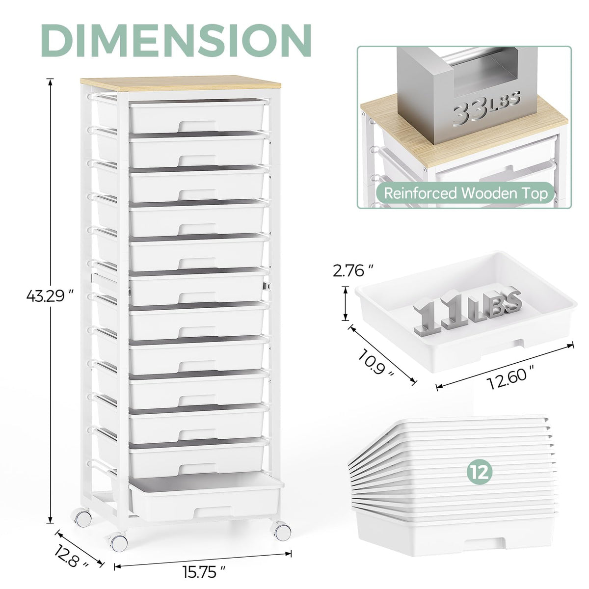 SYKIARIOL 12-Drawer Storage Trolley Rolling Cart with Wooden Top, White - image 5