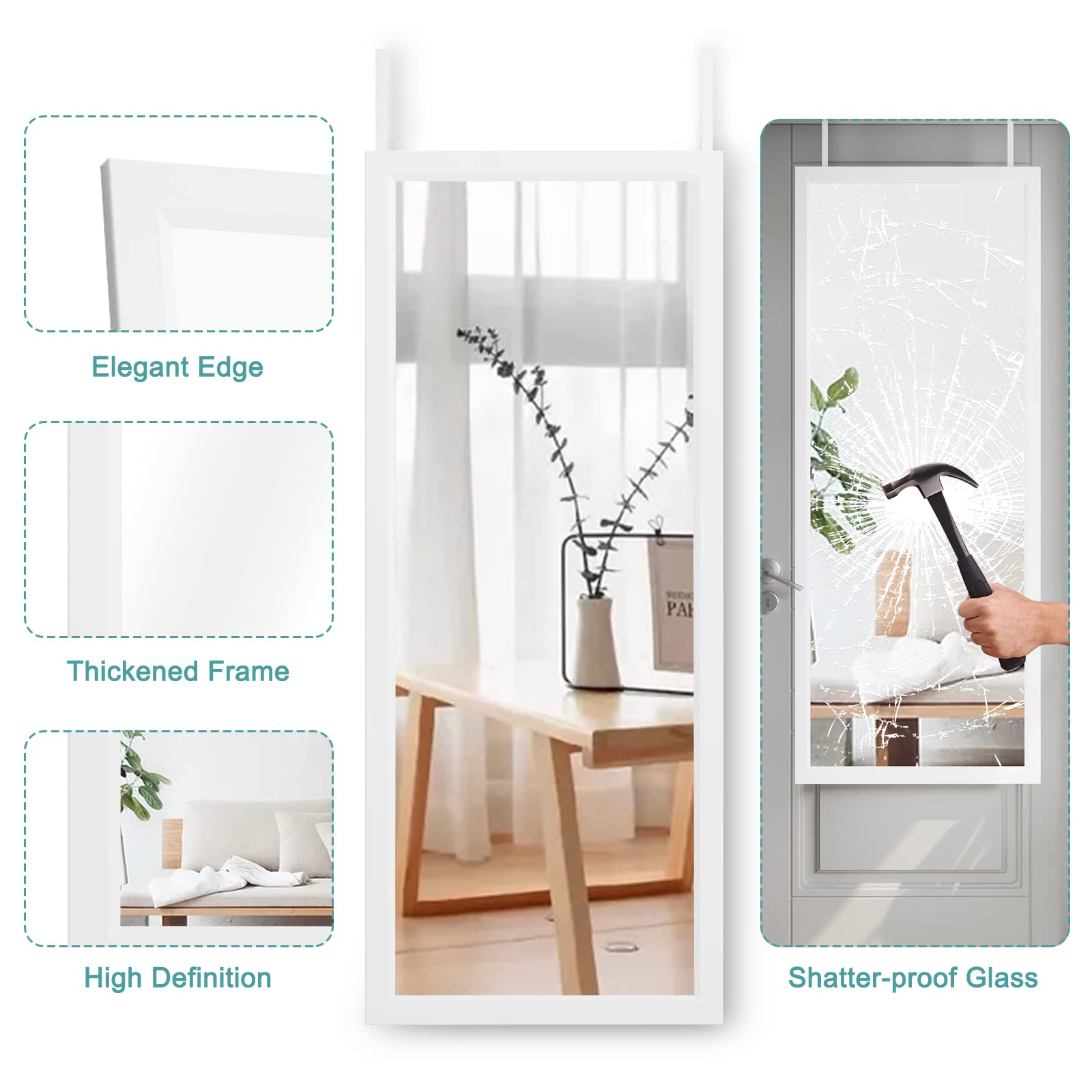Dripex Full Length Over Door Mirror | 110x45cm Toughened Glass - White