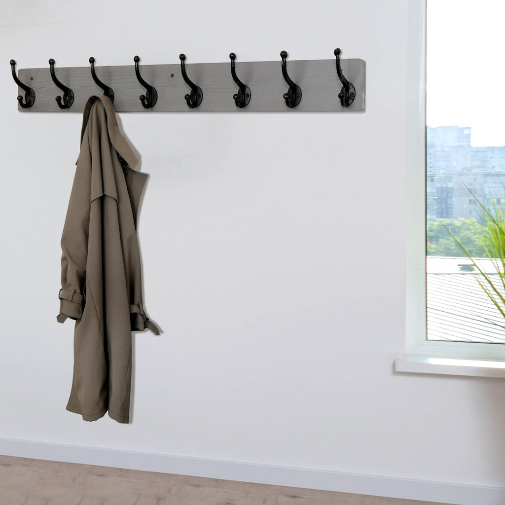 WEBI Rustic Wall Mount Coat Rack – 8 Cast Iron Hooks, Solid Wood, Grey