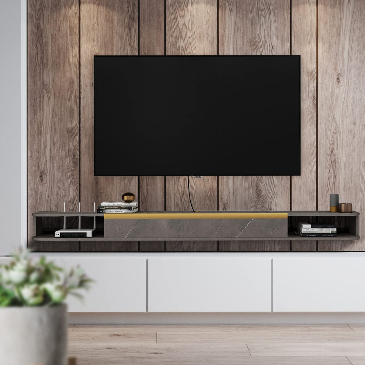 Pmnianhua Floating TV Stand, Wall Mounted Entertainment Center TV Media Console, Floating Shelves with Door - image 3