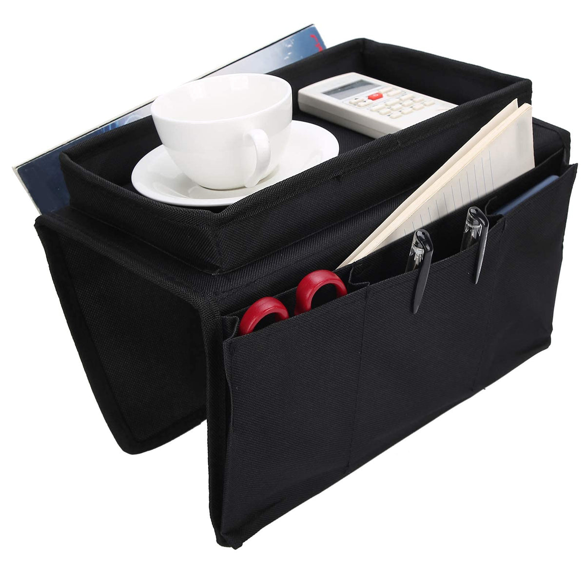 Ejoyous Sofa Armrest Organizer, 4 Pockets Couch Bag for TV Remote Control, Oxford Cloth Armchair Storage with Cup Holder Tray Black