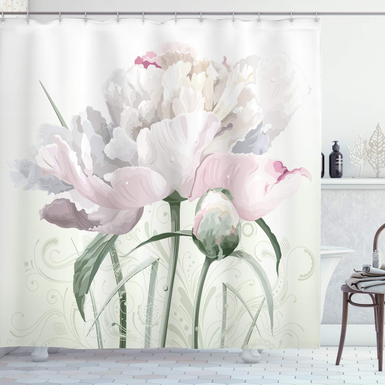 ABAKUHAUS Floral Shower Curtain – Pink Roses & Tulips Waterproof Fabric