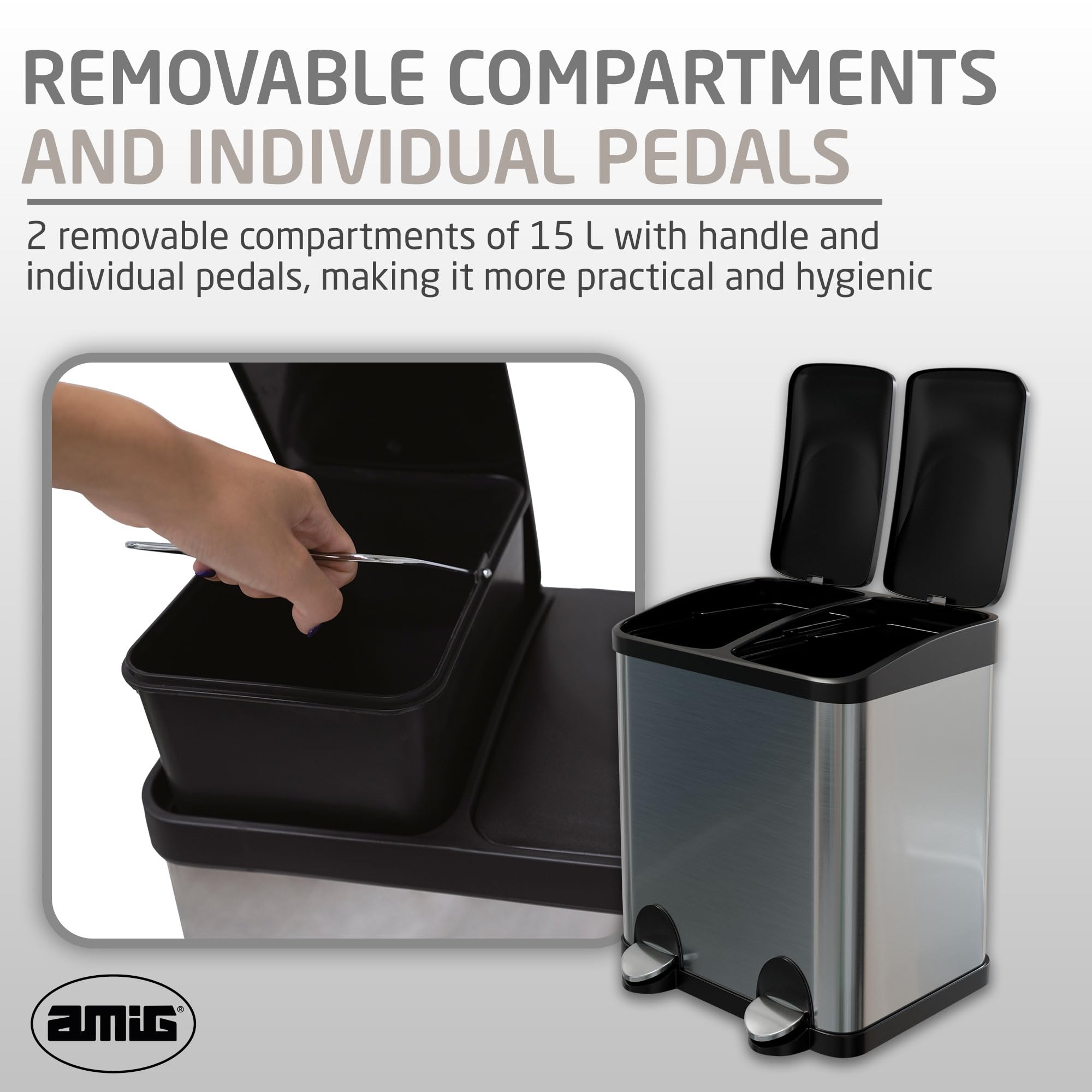 Amig RECIK2 Double Recycling Bin | 30L Stainless Steel Pedal Bin