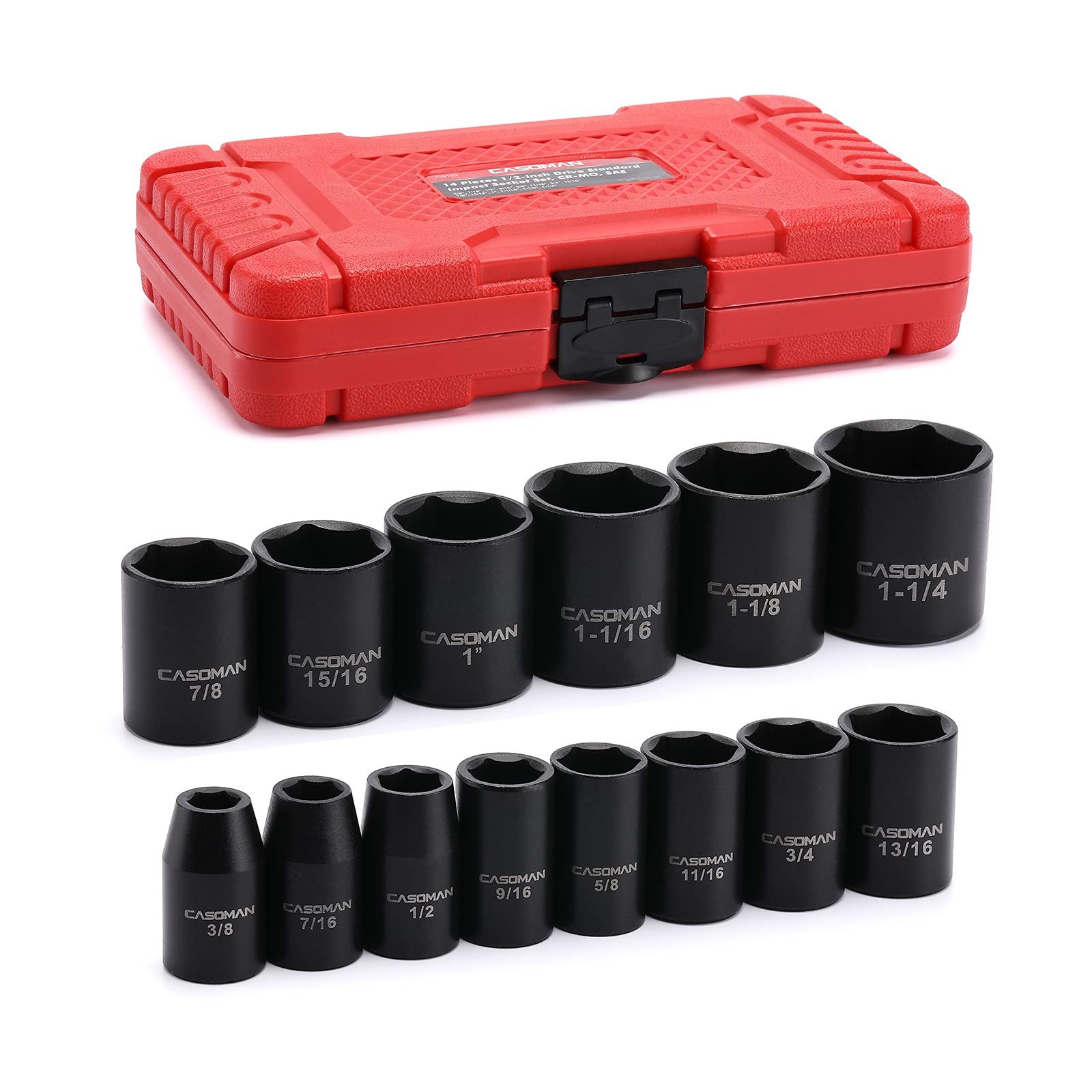 CASOMAN 1/2-Inch Drive Shallow Impact Socket Set, 6-Point SAE, 14-Piece