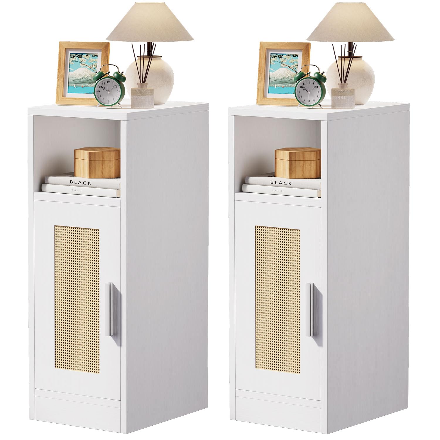 IBUYKE Rattan Bedside Table Set of 2 | Slim Narrow Nightstand, White