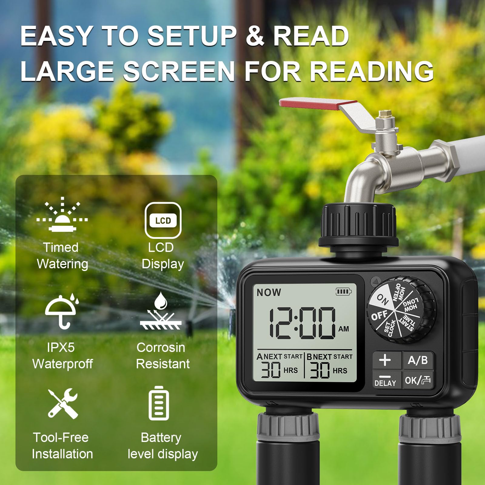 Xtsuen 2-Outlet Water Timer – IPX5 Waterproof Garden Hose Sprinkler Timer