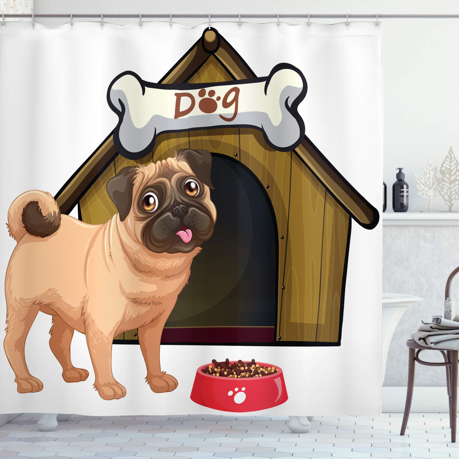 ABAKUHAUS Pug Shower Curtain – Waterproof Fabric Bathroom Decor with Hooks