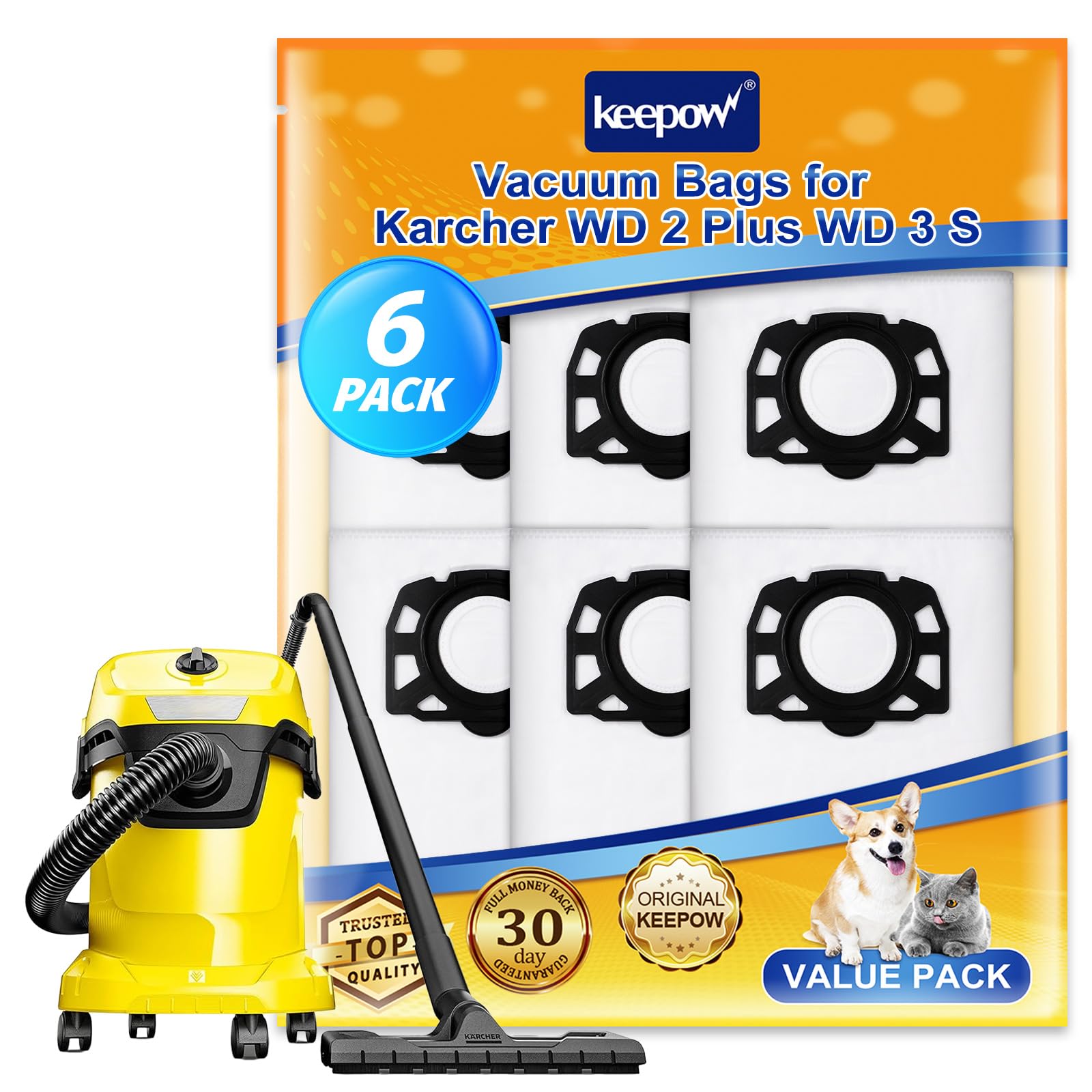 KEEPOW KFI 357 Fleece Vacuum Bags for Kärcher WD2, WD3, KWD1-3 | 6 Pack
