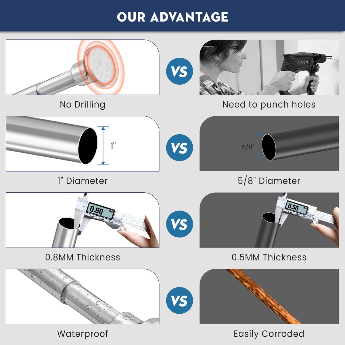 Silver Shower Curtain Pole, No Drilling No Rust Shower Curtain Rail 72cm to 195cm - image 4