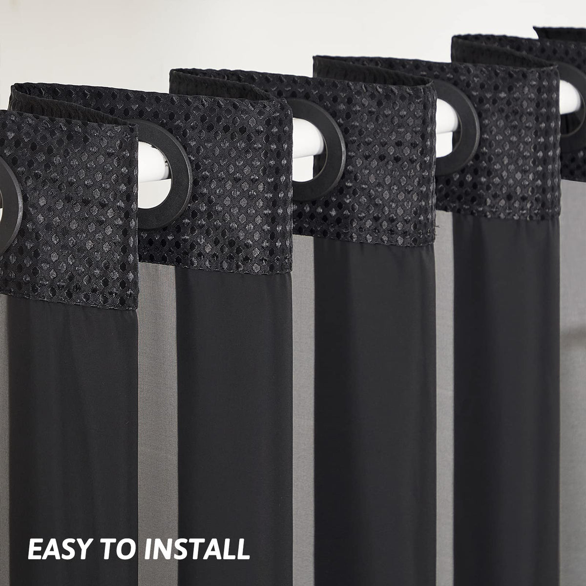 Furlinic Shower Curtain Hookless Black Jacquard Waffle Fabric 75inch Long Weighted Anti Mould with White Polyester Snap in Liner and Mesh Curtains - image 3