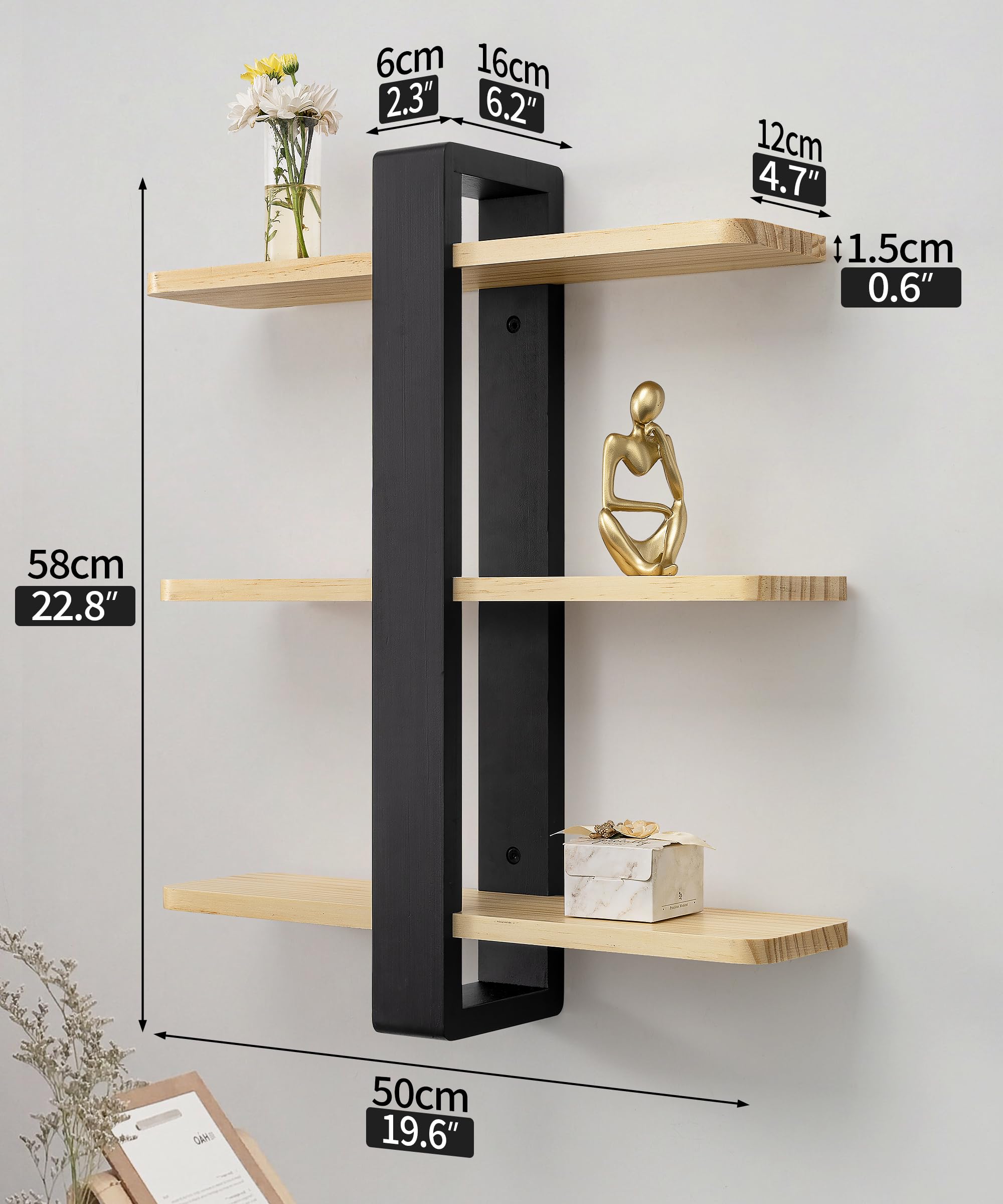 SUMGAR Pine Wood Floating Shelves | 3-Tier 50CM Wall Mounted Shelving