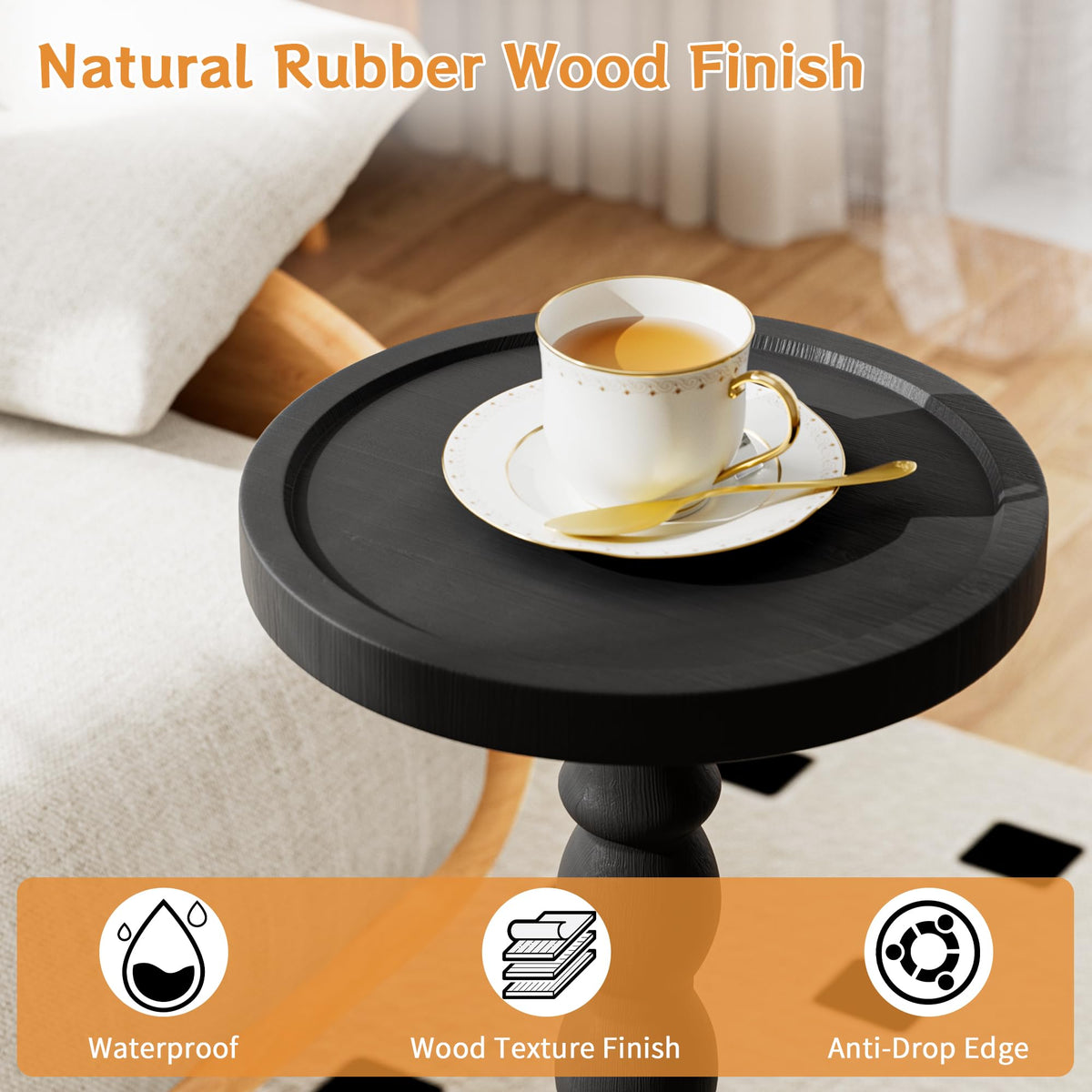 Caossuixin Wooden Round Side Table, Round Bar Table, Small End Table-Black - image 3