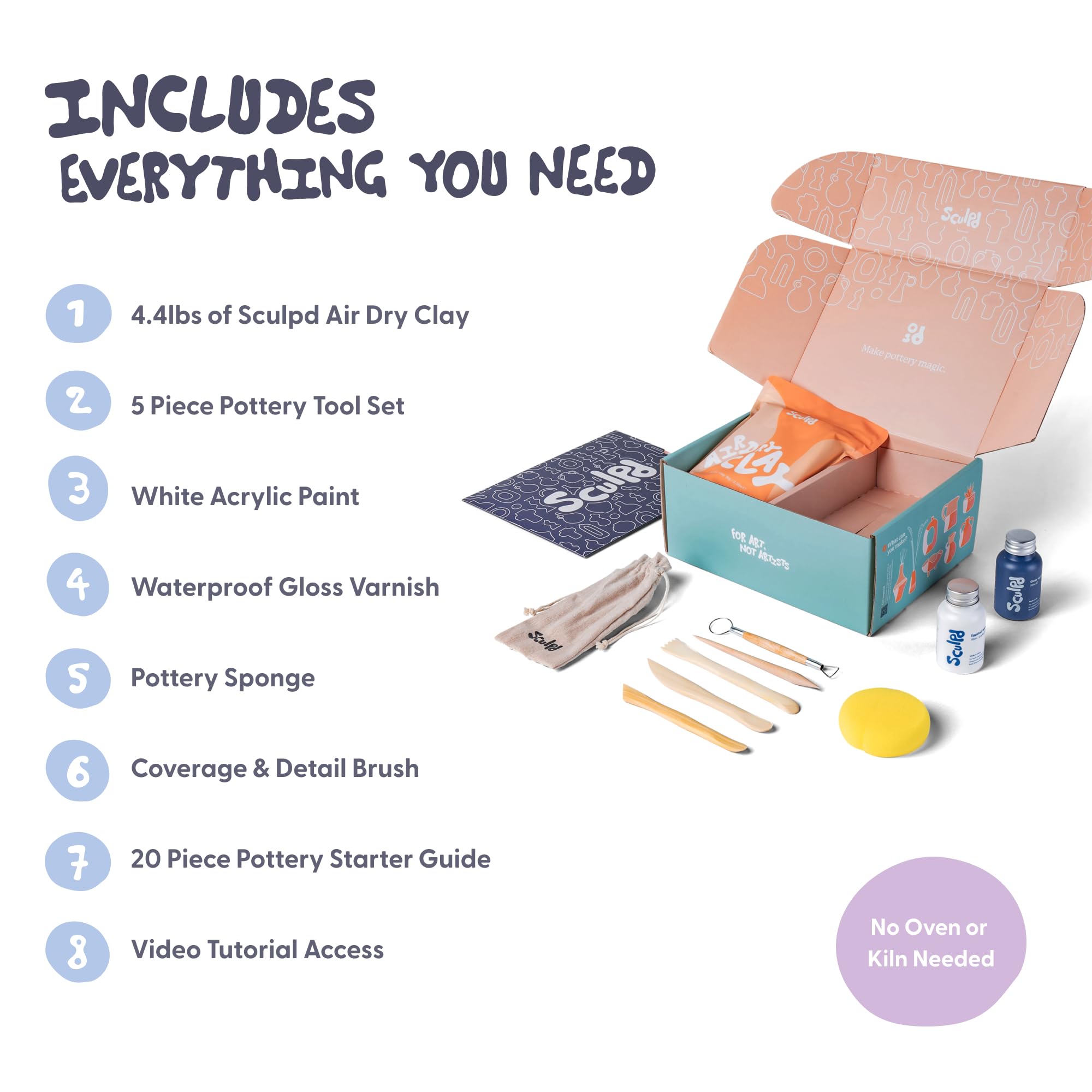 Sculpd Pottery Starter Kit | Air Dry Clay Set for 2 with Tools & Varnish