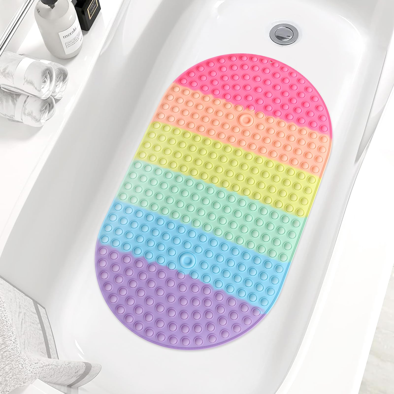 ZOKBOM Non-Slip Silicone Bath Mat – Rainbow Oval Bathtub Mat, 69x39cm