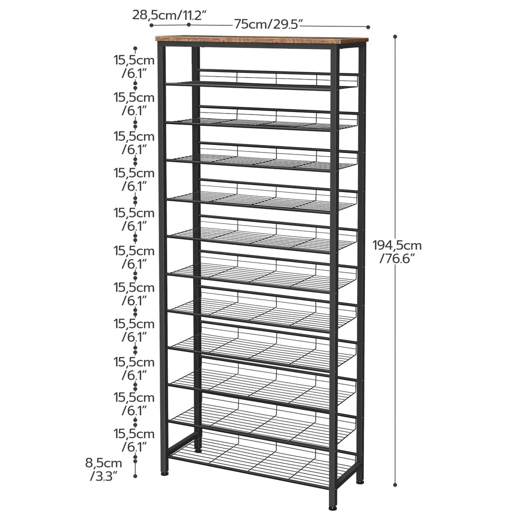 HOOBRO 12-Tier Tall Shoe Rack – Large Metal Storage Organizer, Rustic Brown