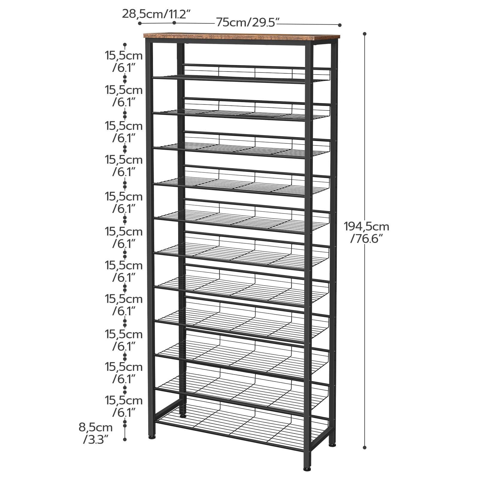 HOOBRO 12-Tier Tall Shoe Rack – Large Metal Storage Organizer, Rustic Brown