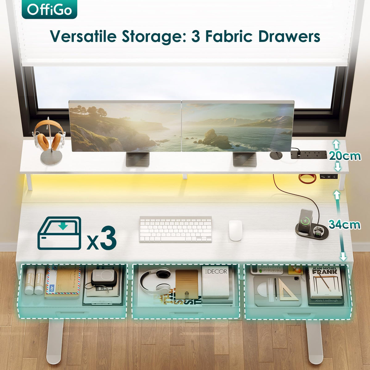 OffiGo Standing Desk with 3 Storage Drawers, 120cm Height Adjustable Desk