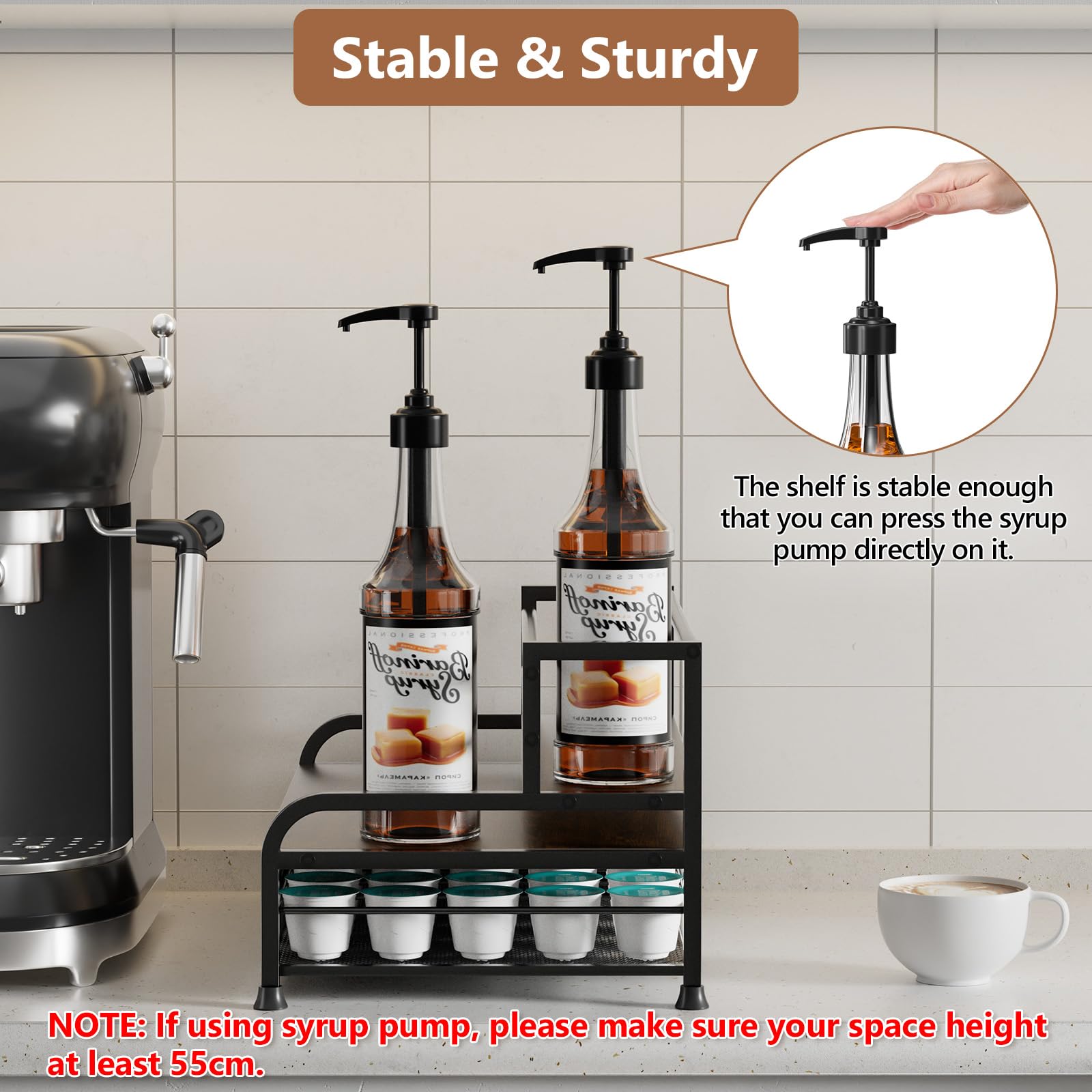 Jolof Store Coffee Syrup Organizer – 3-Tier 8 Bottle Stand with K-Cup Drawer