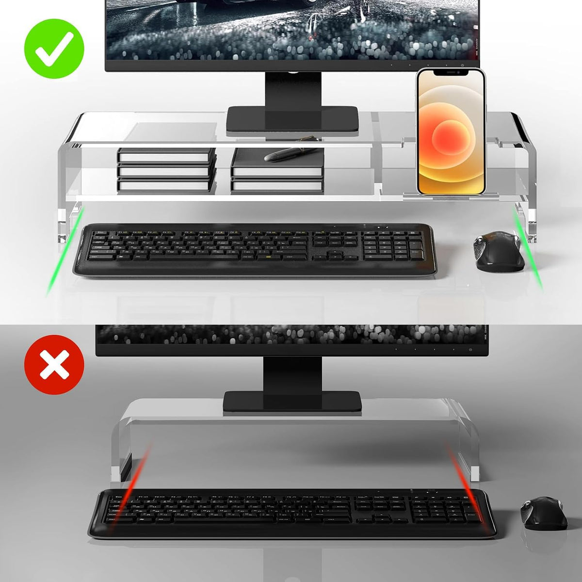 BEYGORM Acrylic Monitor Stand Riser, Wide 20", 2 Tier Computer with Storage, Desk Organizer Desktop Printer Laptop Storage Shelf Screen Holder Phone - image 3