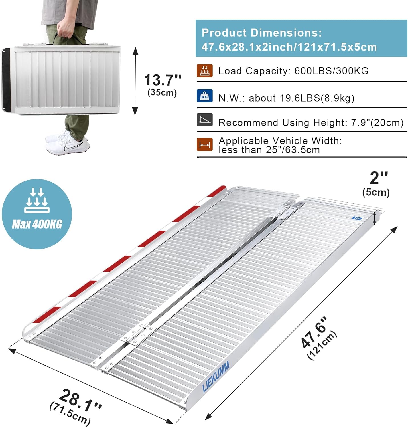 LIEKUMM 121cm Folding Wheelchair Ramp | 300kg Portable Aluminium