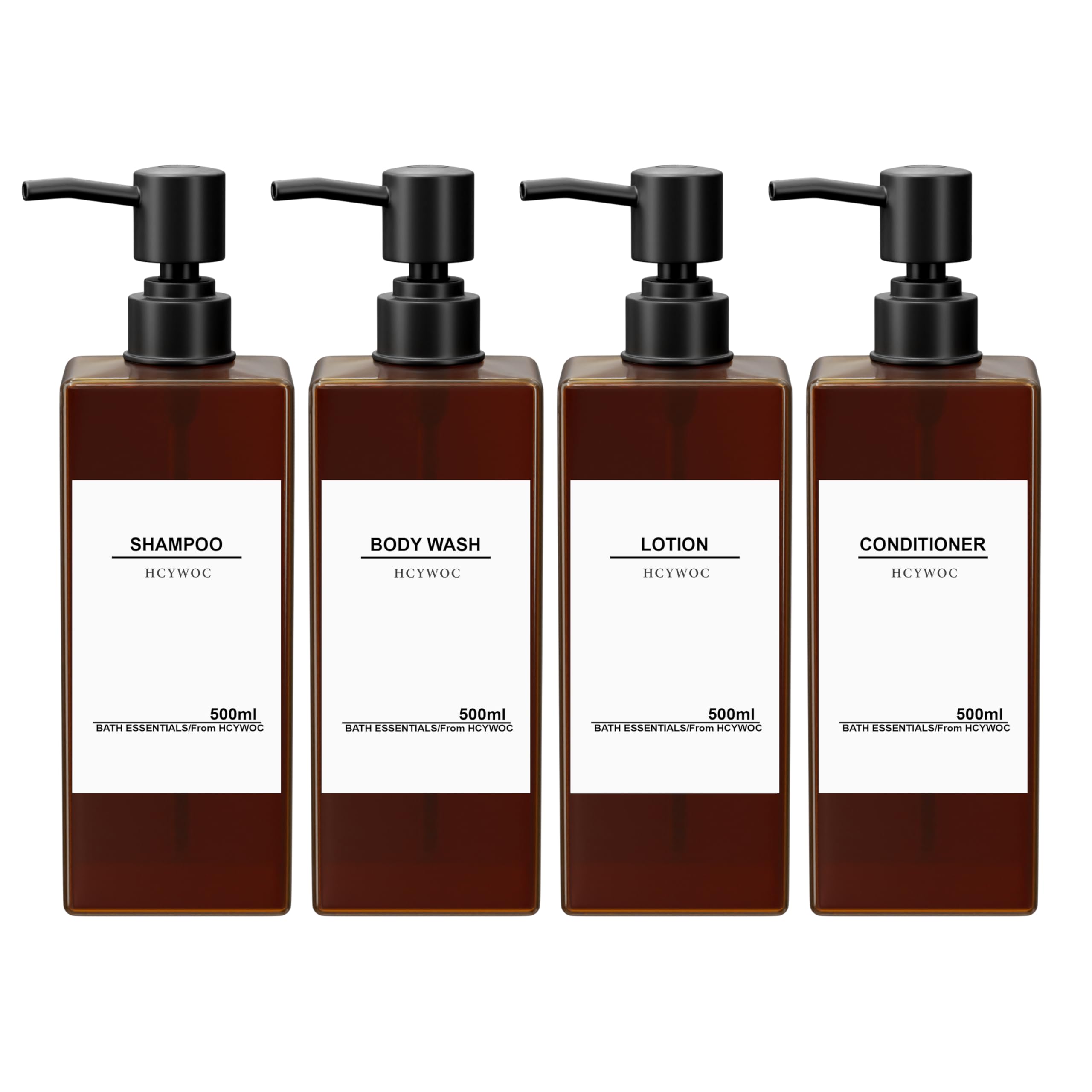 HCYWOC 4-Piece Amber Soap Dispenser Set | 500ml Refillable Pump Bottles