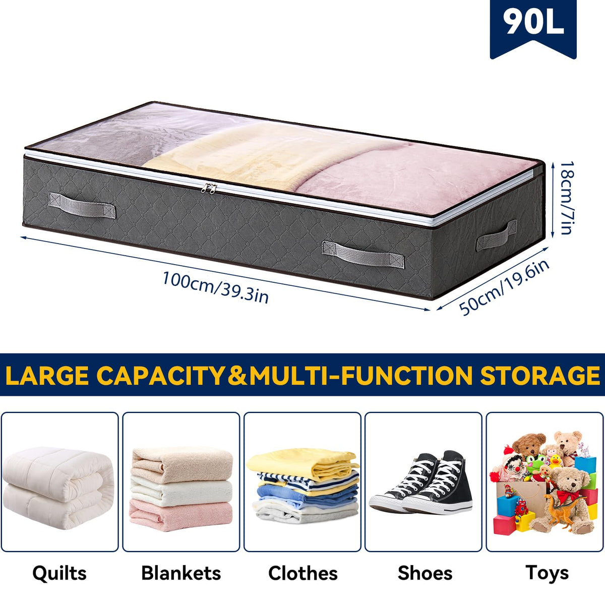 Boic 4 Pack Under Bed Storage Boxes With Lids, 90L Underbed Storage Organiser For Clothes, Comforters, Blankets & Bedding - image 2