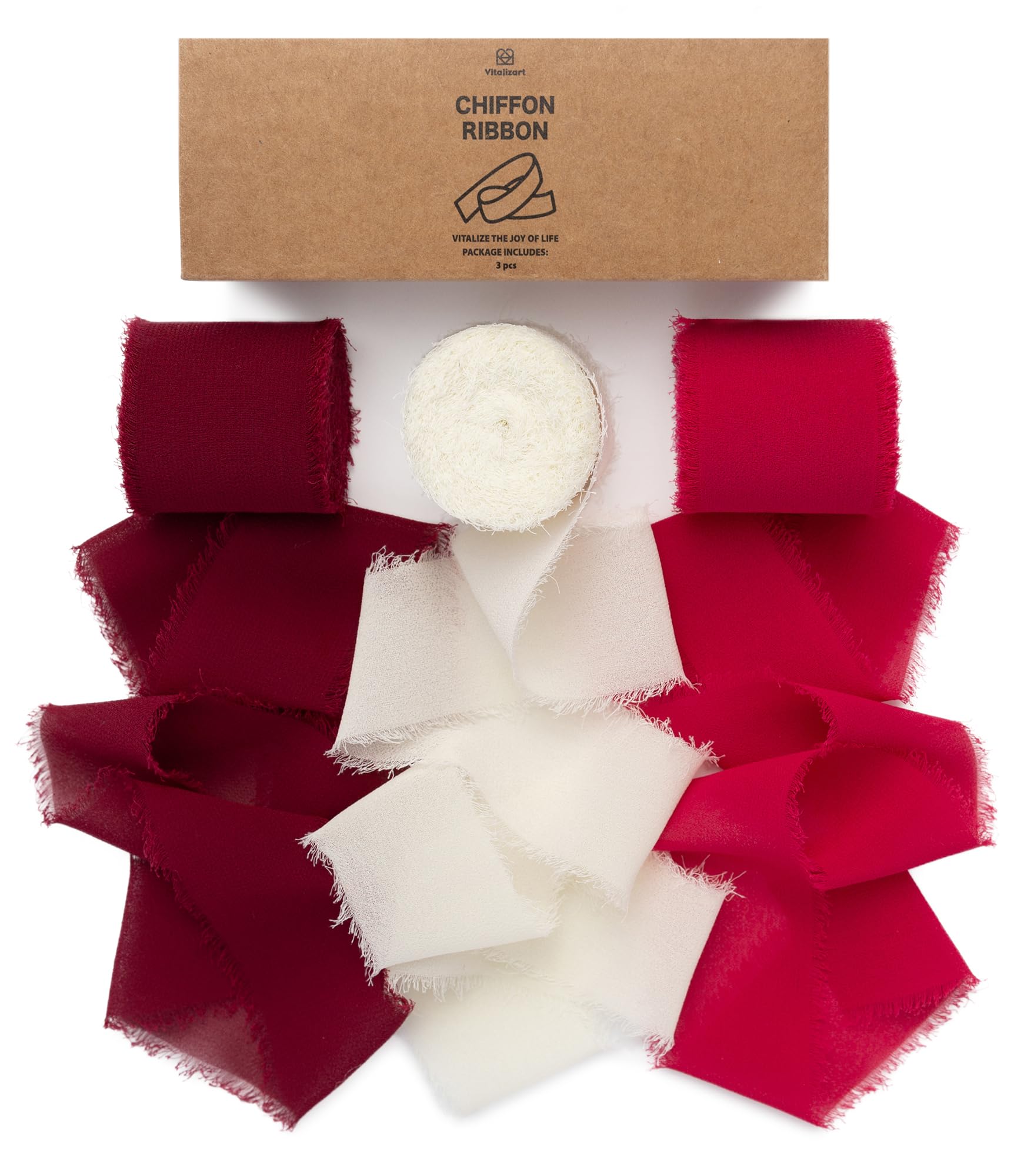 Vitalizart Chiffon Ribbon | 21 Yd Red & White Handmade Frayed Edge Silk