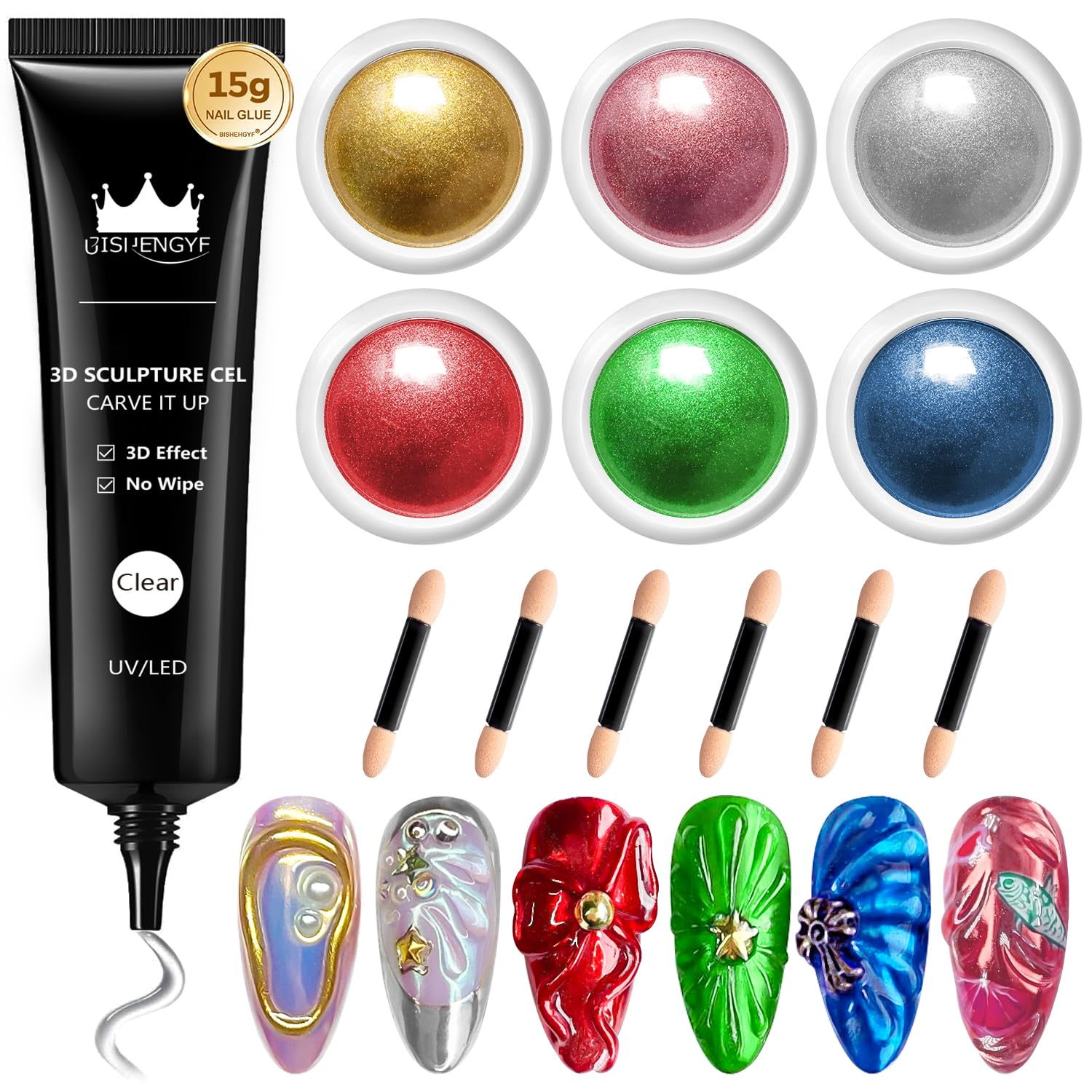 BISHENGYF 3D Sculpting Nail Gel Kit – Chrome Powder & Clear Carved Gel