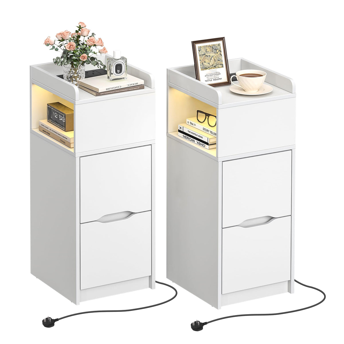 Quikraen Set of 2 Slim Bedside Table with Charging Station&Sensor LED Light - image 1
