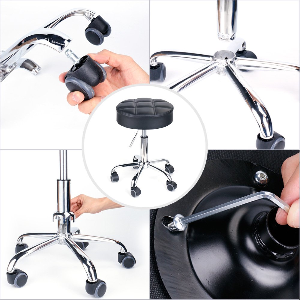 Round Swivel Beauty Stool Adjustable PU Leather Seat Black / Φ14"