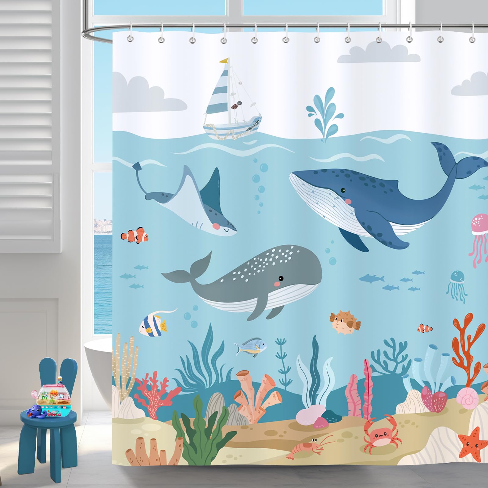 Bonhause Blue Ocean Whale Kids Shower Curtain | 180x180cm Waterproof Fabric