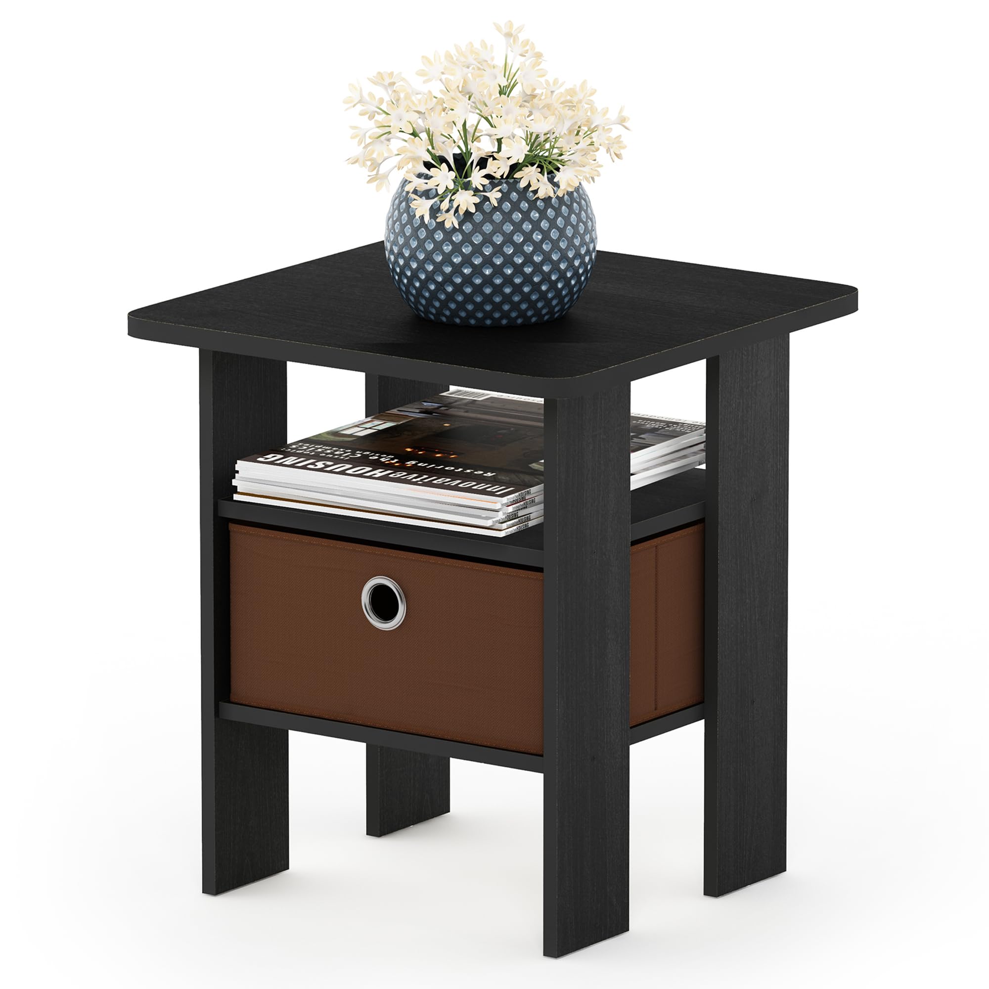 Furinno Andrey Side Table – Small Nightstand with Storage Bin, Americano