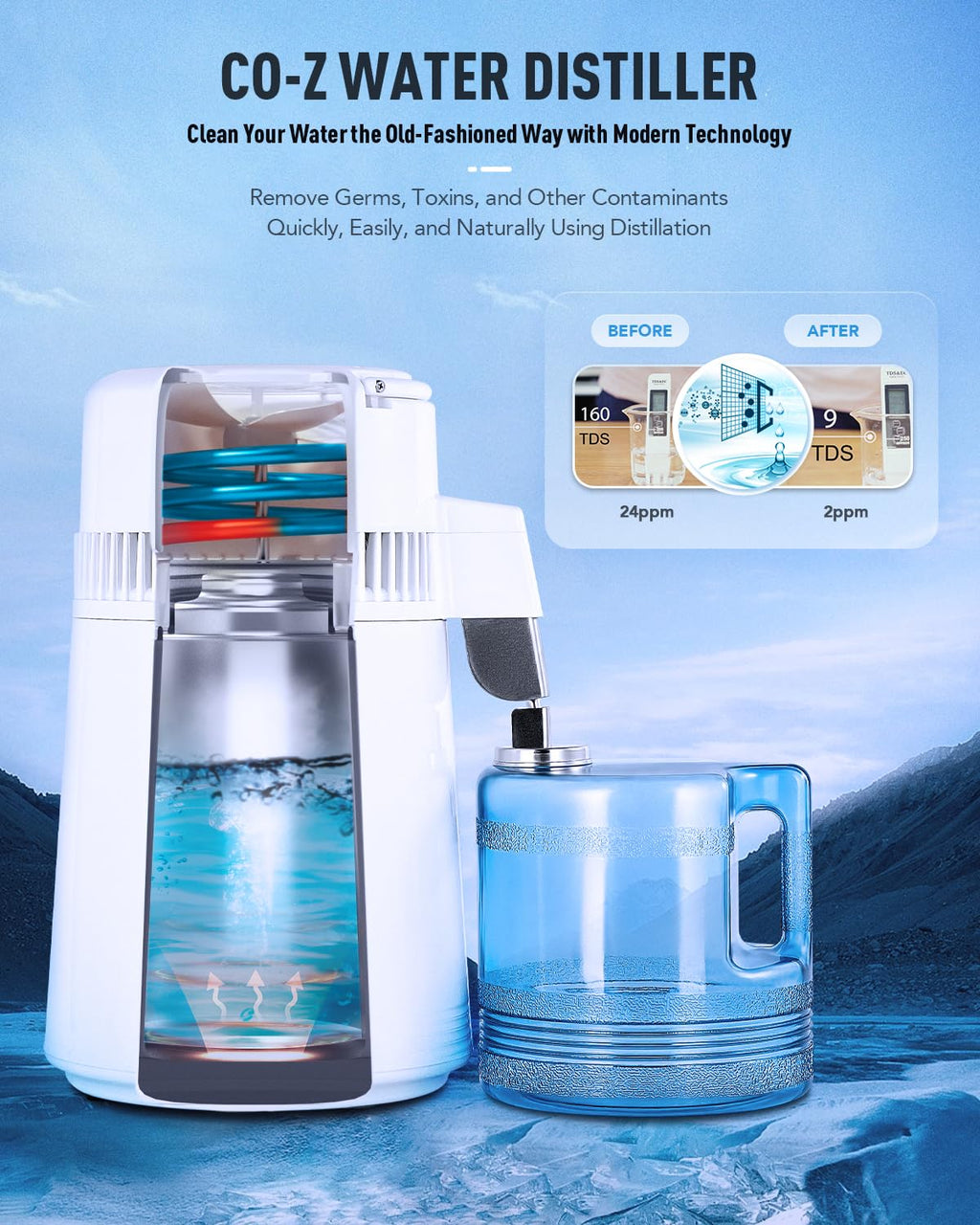 CO-Z 4L Countertop Water Distiller – Stainless Steel Purifier Machine