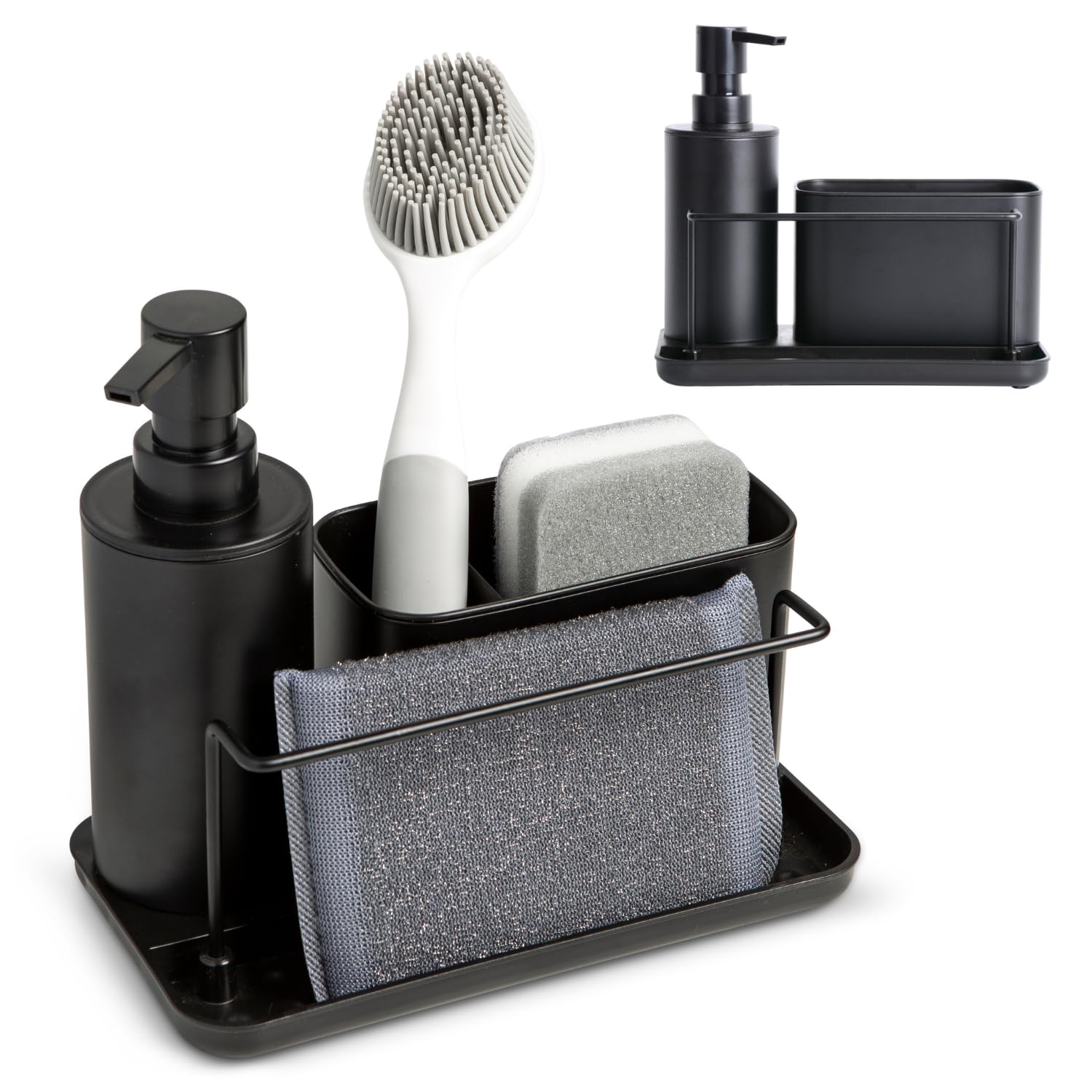 KOOK TIME Kitchen Sink Organiser & Soap Dispenser – Black ABS Caddy